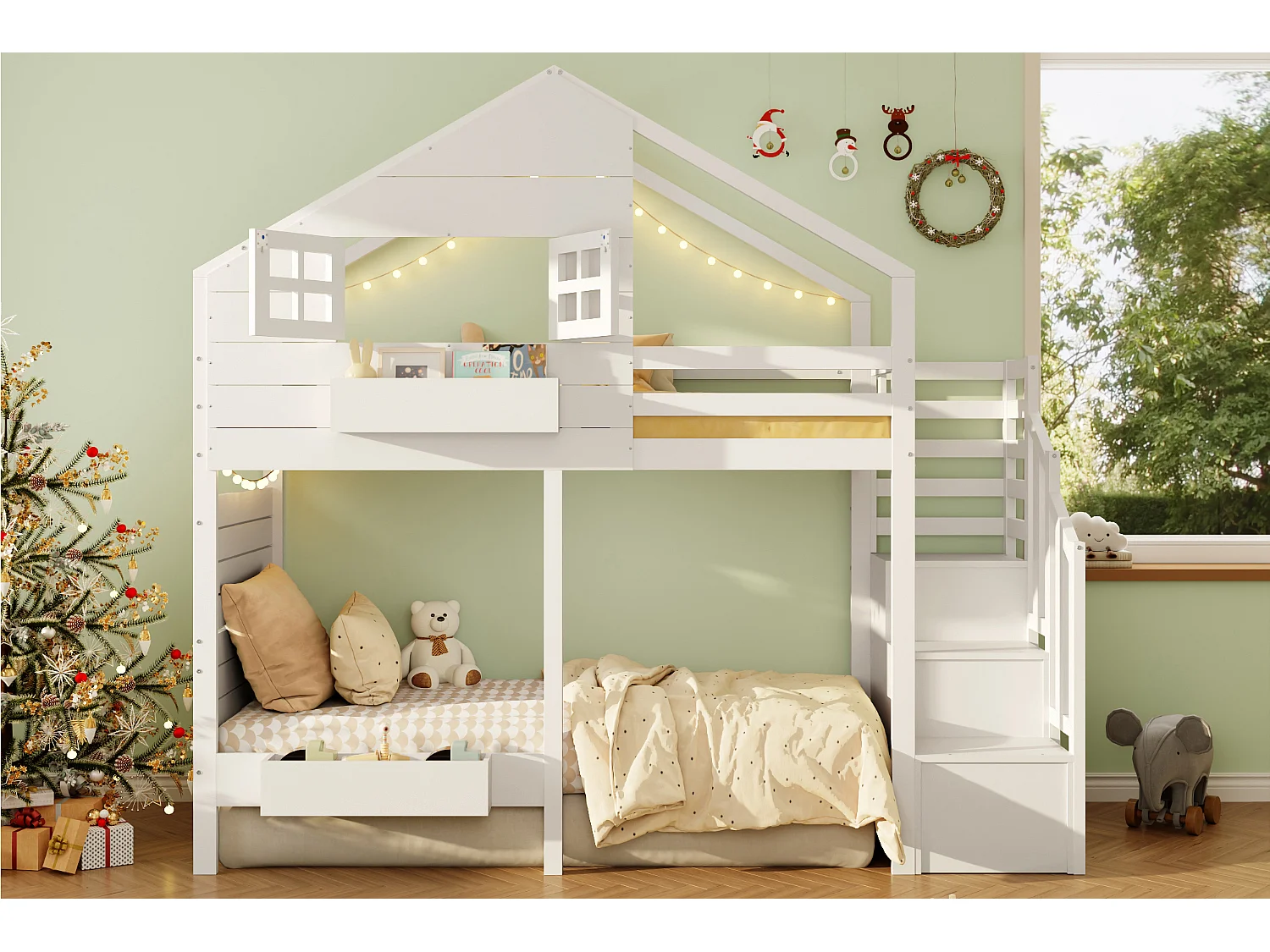 90x200 cm hoogslaper met opbergtrap - Wit houten kajuitbed