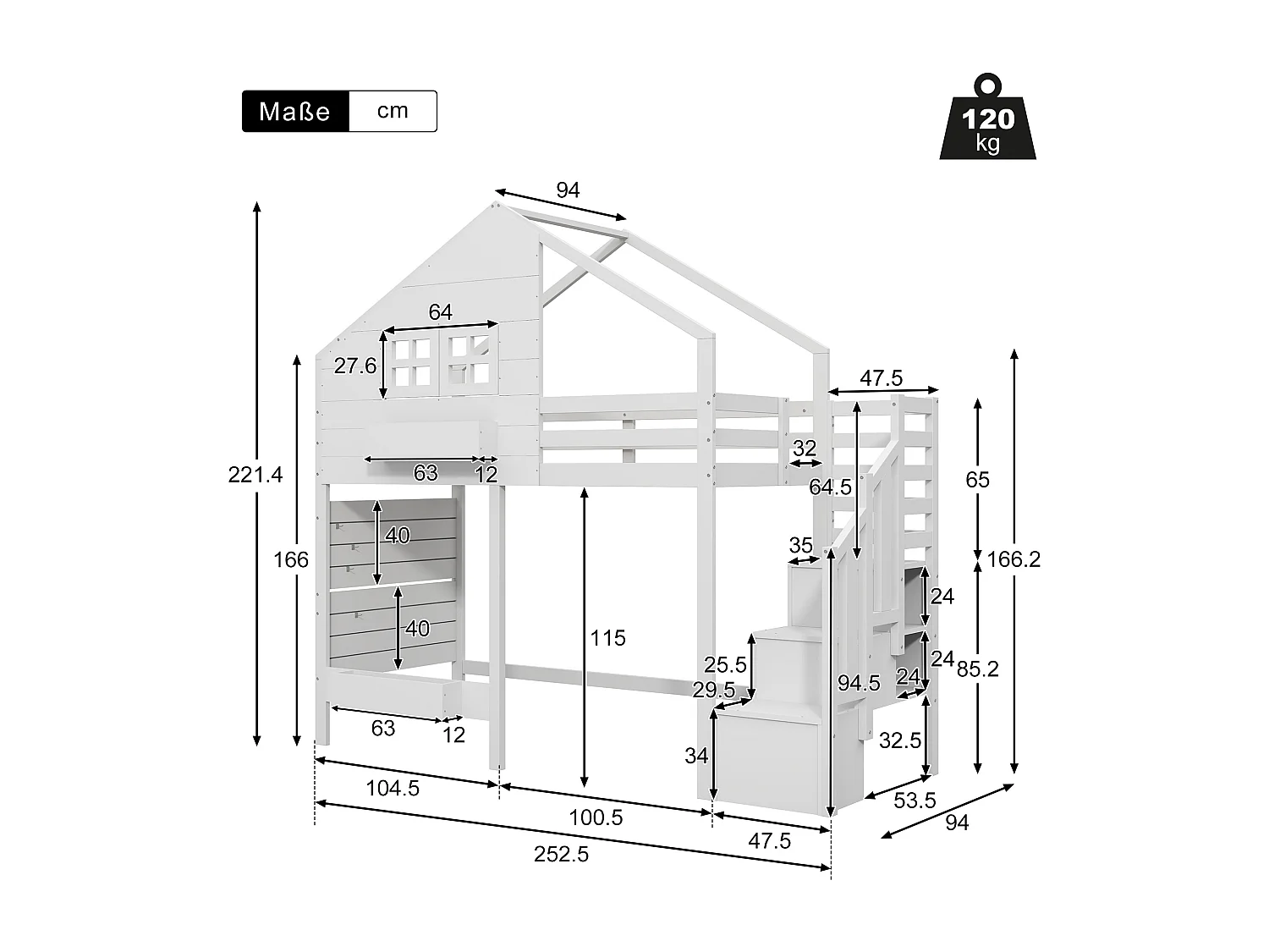 90x200 cm hoogslaper met opbergtrap - Wit houten kajuitbed