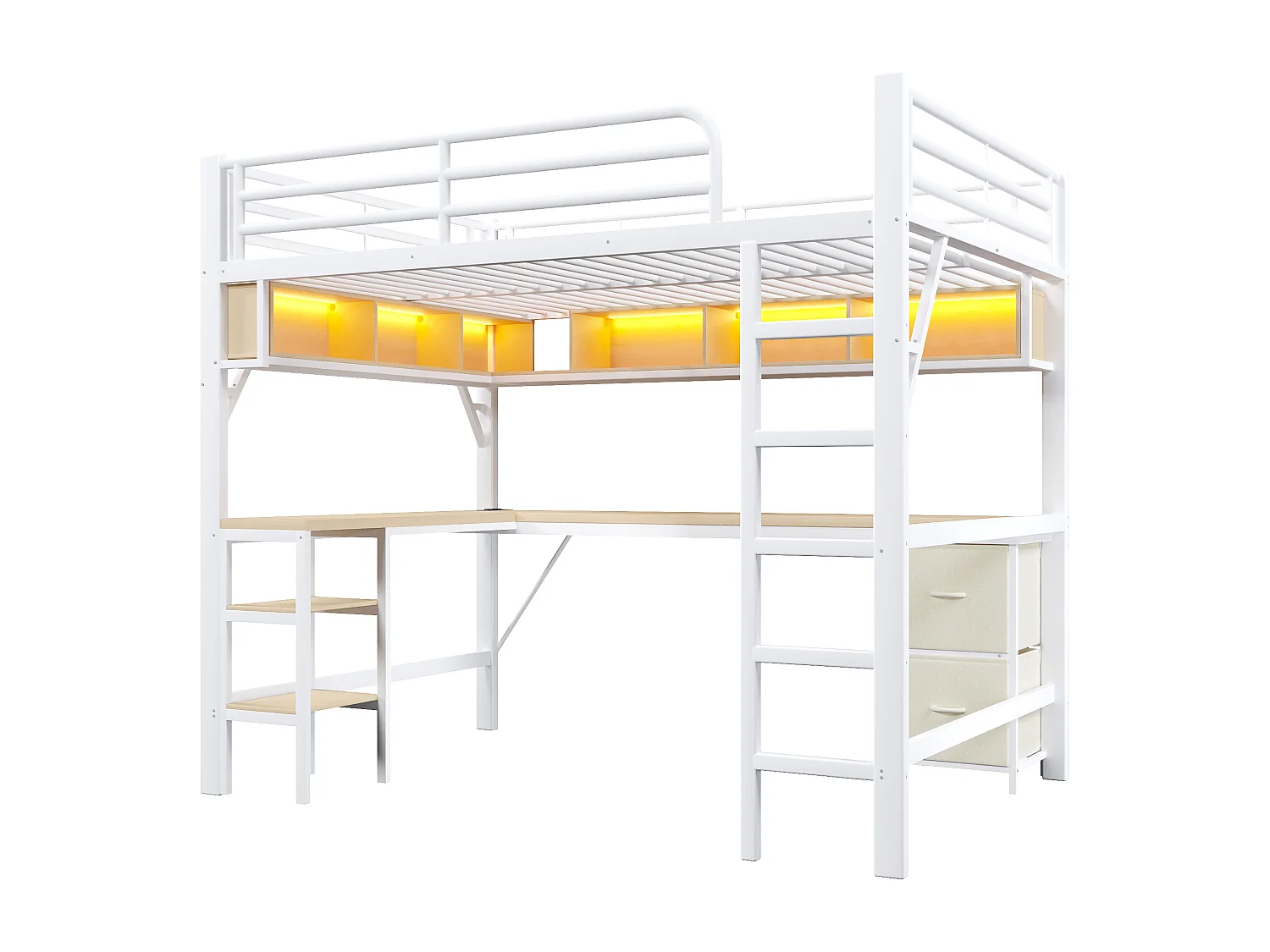 Metalen hoogslaper van 140x200 cm met bureau, USB- en LED-aansluitingen en 2 lades - wit