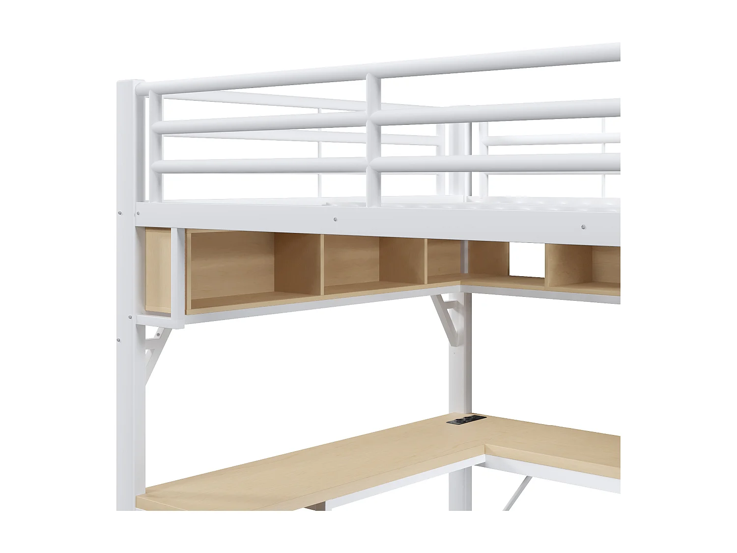 Metalen hoogslaper van 140x200 cm met bureau, USB- en LED-aansluitingen en 2 lades - wit