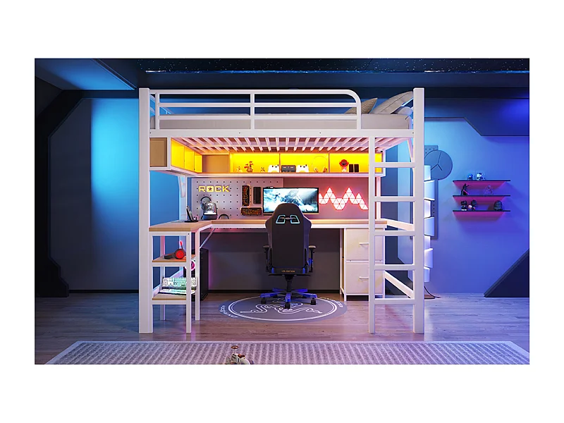 Lit mezzanine 140x200cm en métal avec bureau, ports USB et LED , 2 tiroirs - Blanc