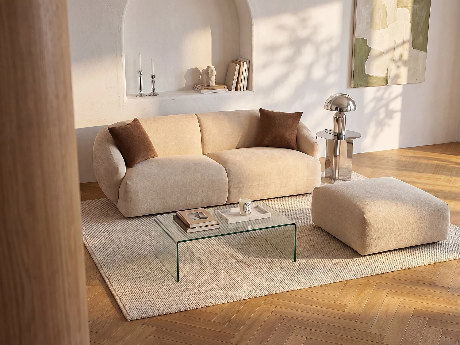 Canapé 3 places et pouf en tissu texturé beige MIBASTO