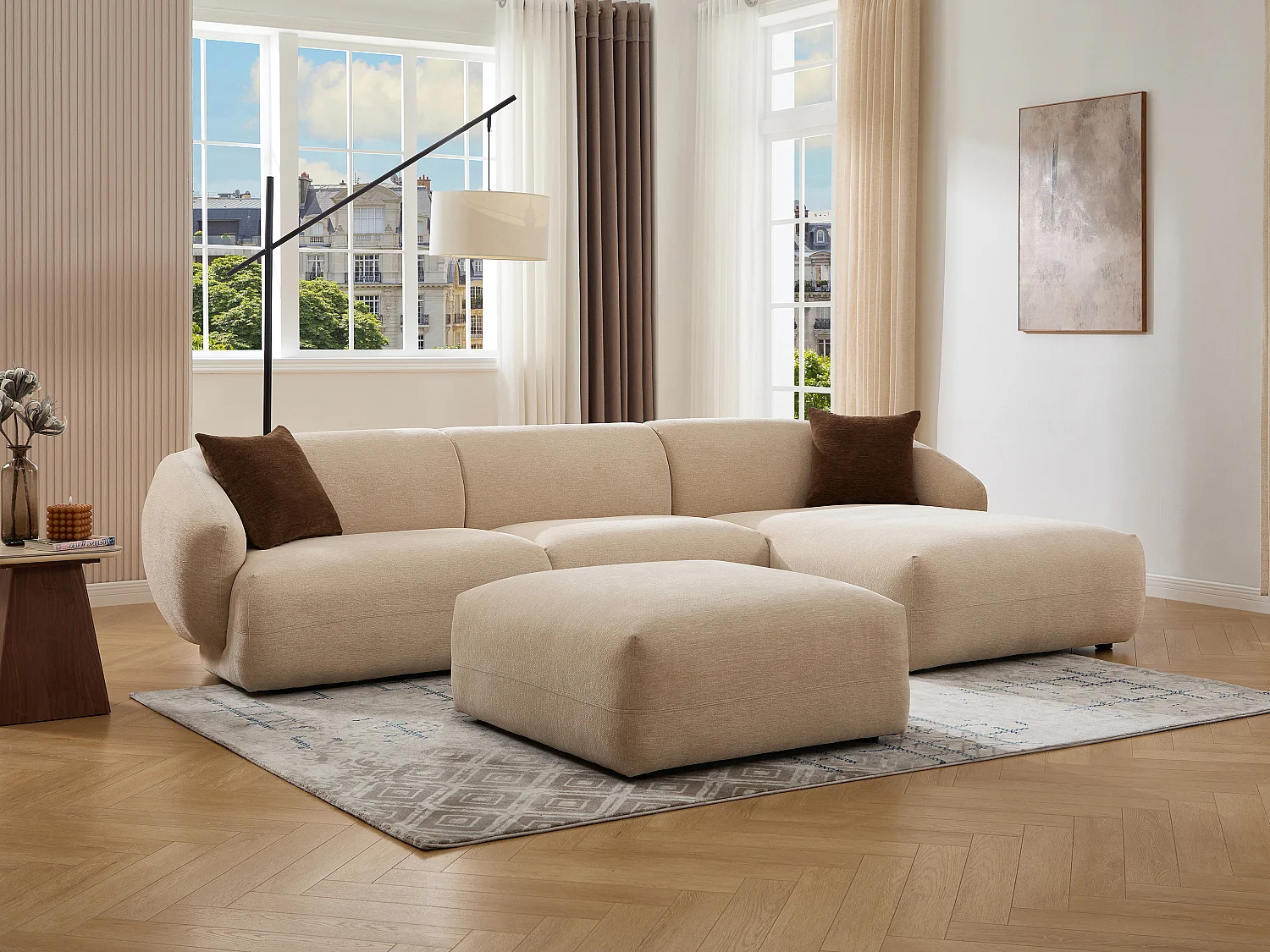 Canapé d'angle droit et pouf en tissu texturé beige MIBASTO