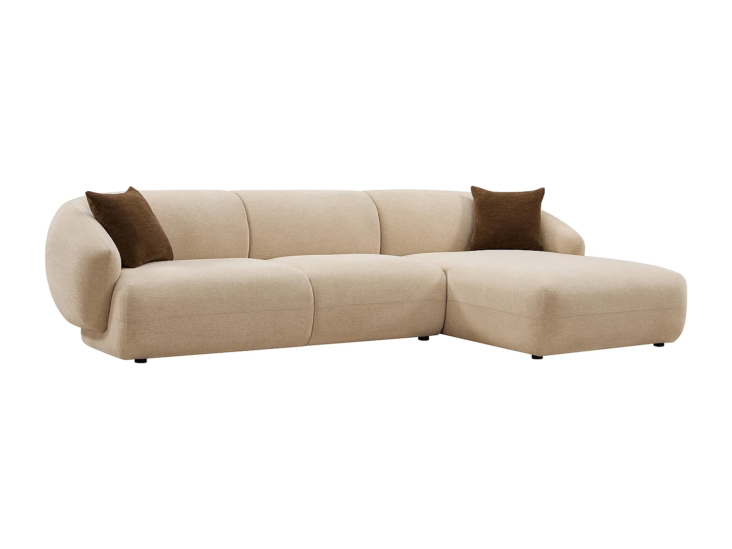 Canapé d'angle droit et pouf en tissu texturé beige MIBASTO