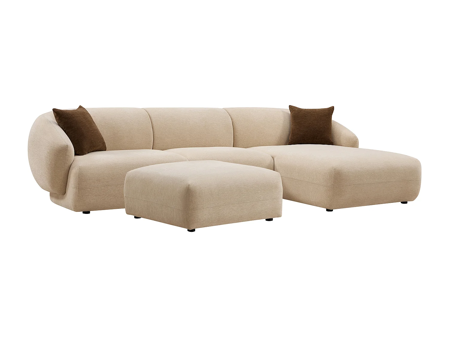 Canapé d'angle droit et pouf en tissu texturé beige MIBASTO