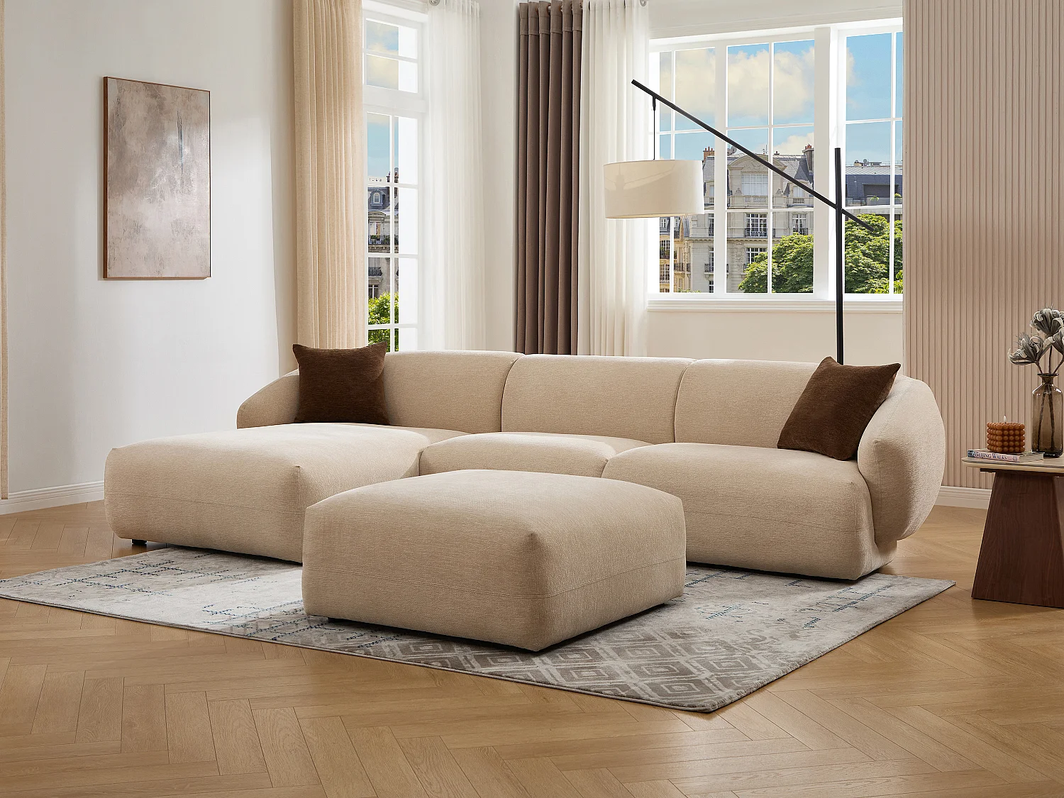 Canapé d'angle gauche et pouf en tissu texturé beige MIBASTO