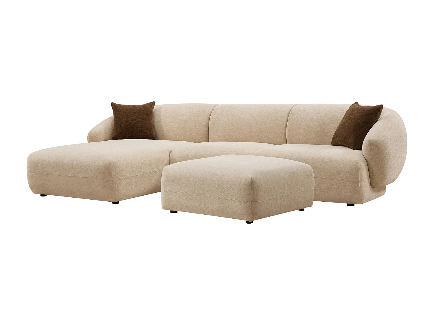 Canapé d'angle gauche et pouf en tissu texturé beige MIBASTO