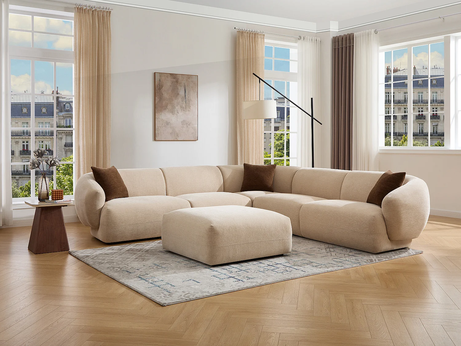 Canapé d'angle réversible et pouf en tissu texturé beige MIBASTO