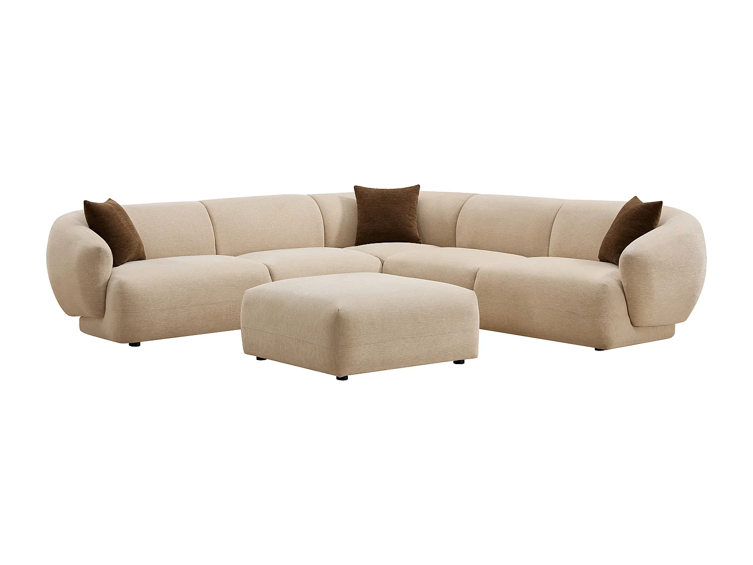 Canapé d'angle réversible et pouf en tissu texturé beige MIBASTO