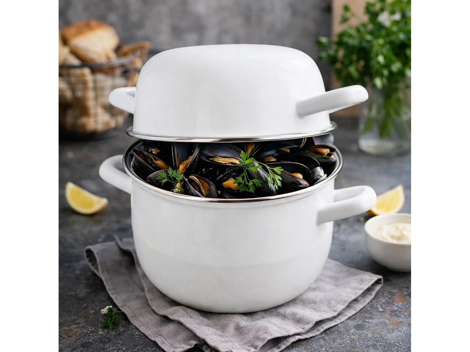 Menastyl - Marmite à Moules 18cm En Acier émaillé Blanc