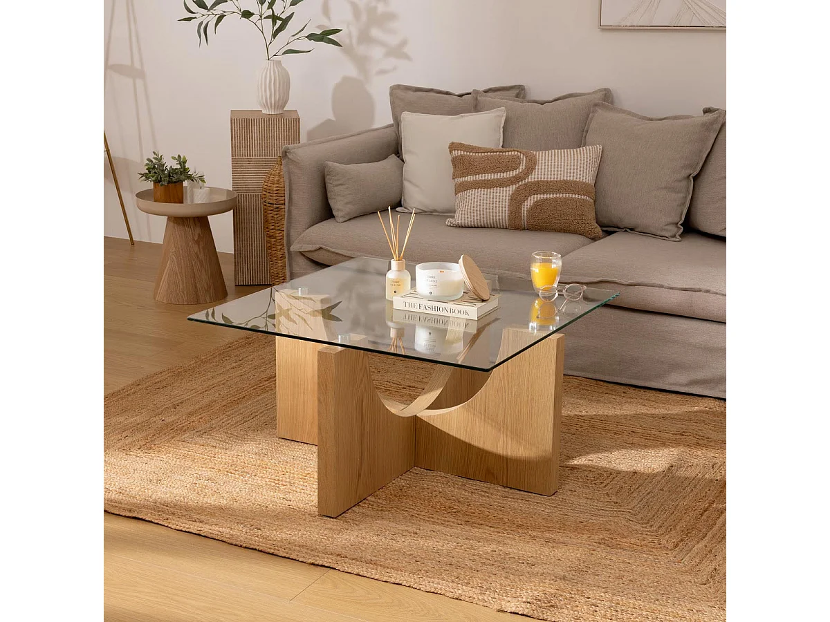Table Basse en Verre "Etini" 85cm Transparent & Naturel