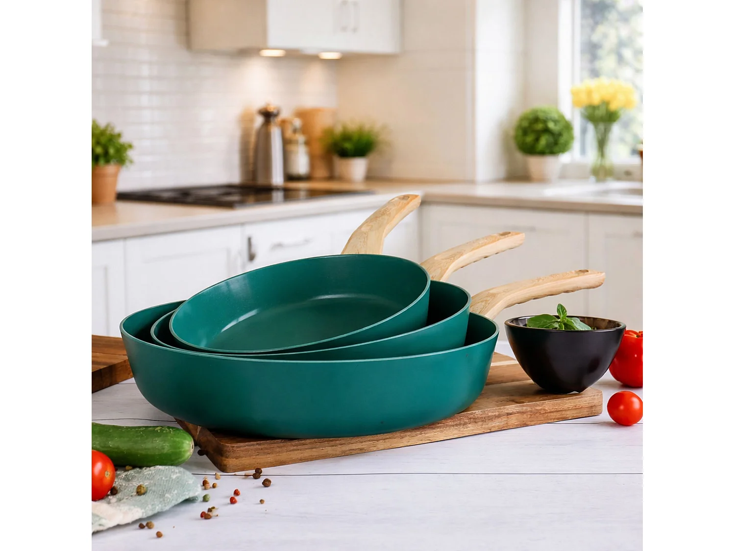 Menastyl - Set 3 Poeles Bleu Canard En Aluminium Compatible Induction 20/24 Et 28cm