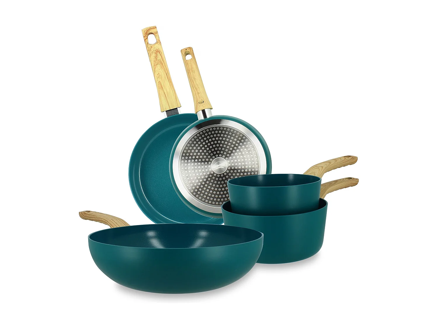 Menastyl - Set 5 Pieces Bleu Canard Casserole Poele Wok En Aluminium Induction