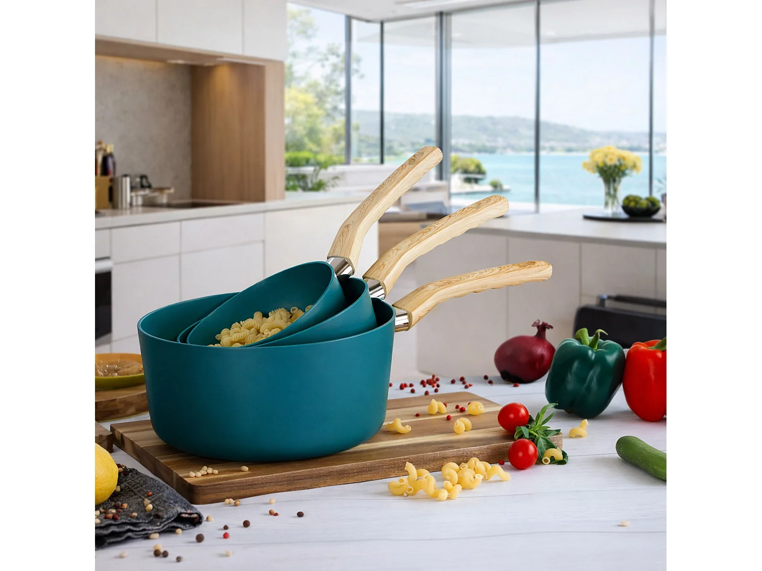 Menastyl - Set 3 Casseroles Bleu Canard Aluminium Compatible Induction 16/18 Et 20cm