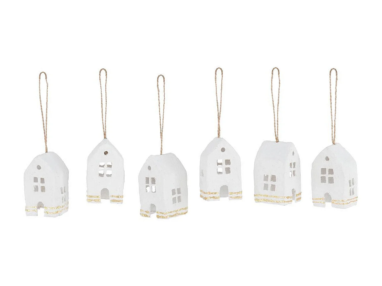 Lot de 6 Sujets de Noël "Maison" 15cm Blanc & Or