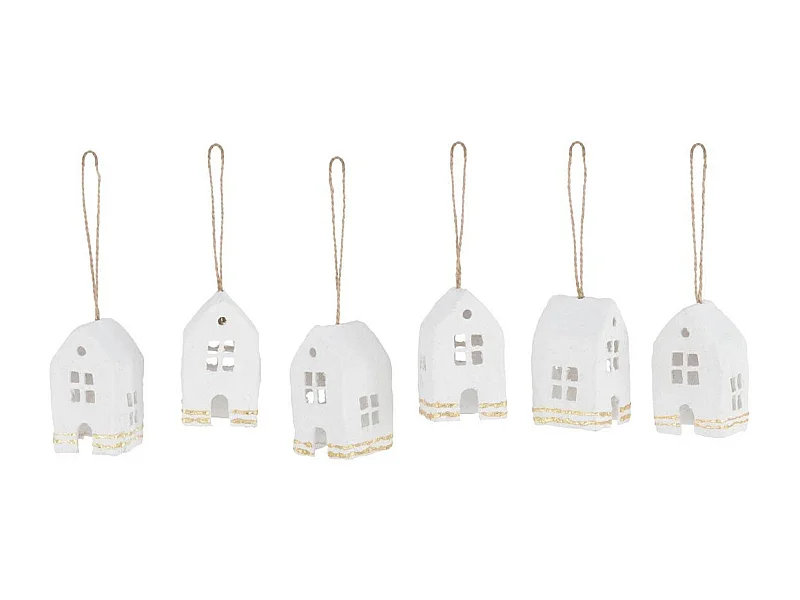 Lot de 6 Sujets de Noël "Maison" 15cm Blanc & Or