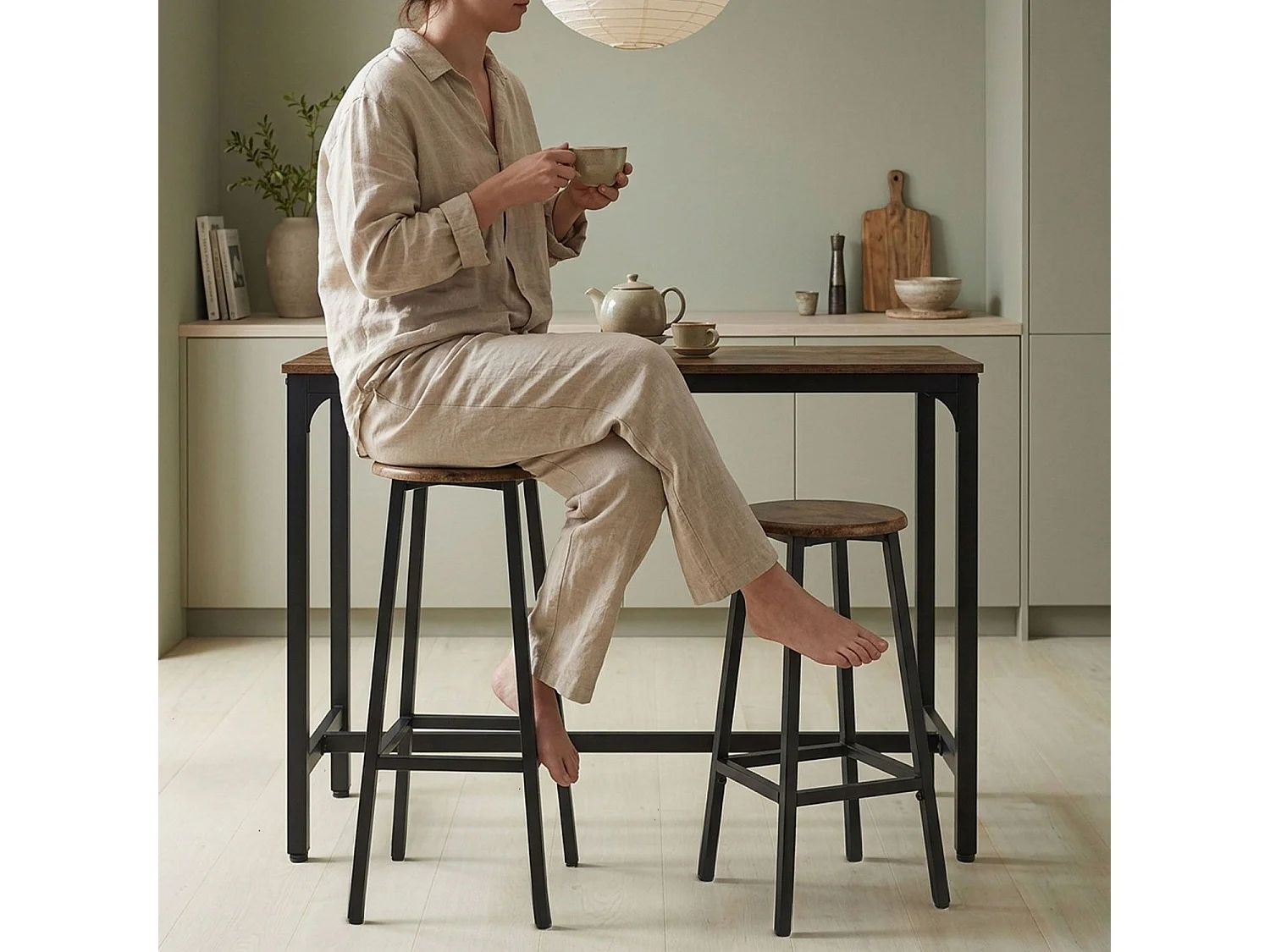 Table de bar style industriel avec ses 2 tabourets Jostin Bois et Métal Noir