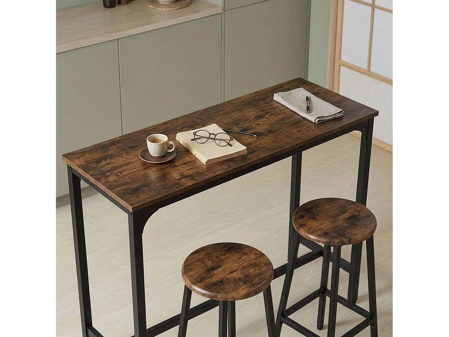 Table de bar style industriel avec ses 2 tabourets Jostin Bois et Métal Noir