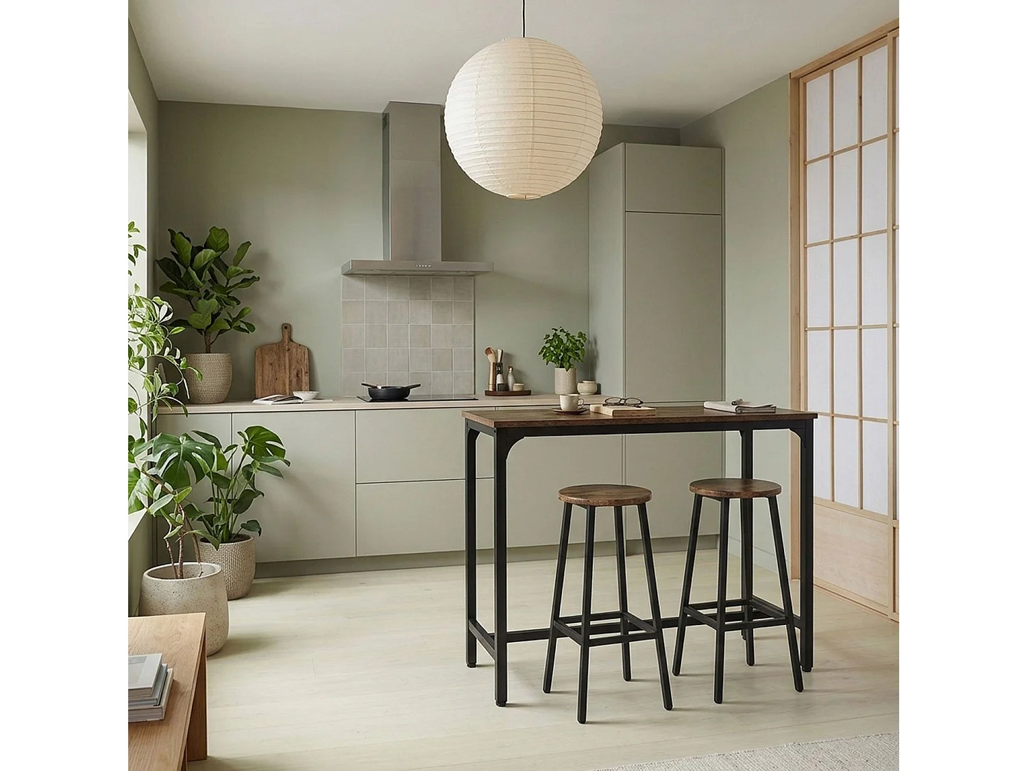 Table de bar style industriel avec ses 2 tabourets Jostin Bois et Métal Noir