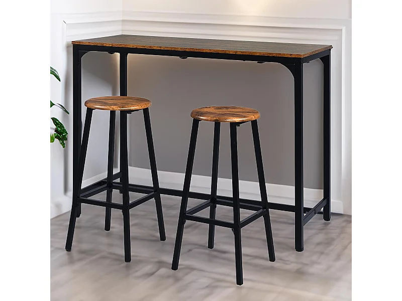 Table de bar style industriel avec ses 2 tabourets Jostin Bois et Métal Noir