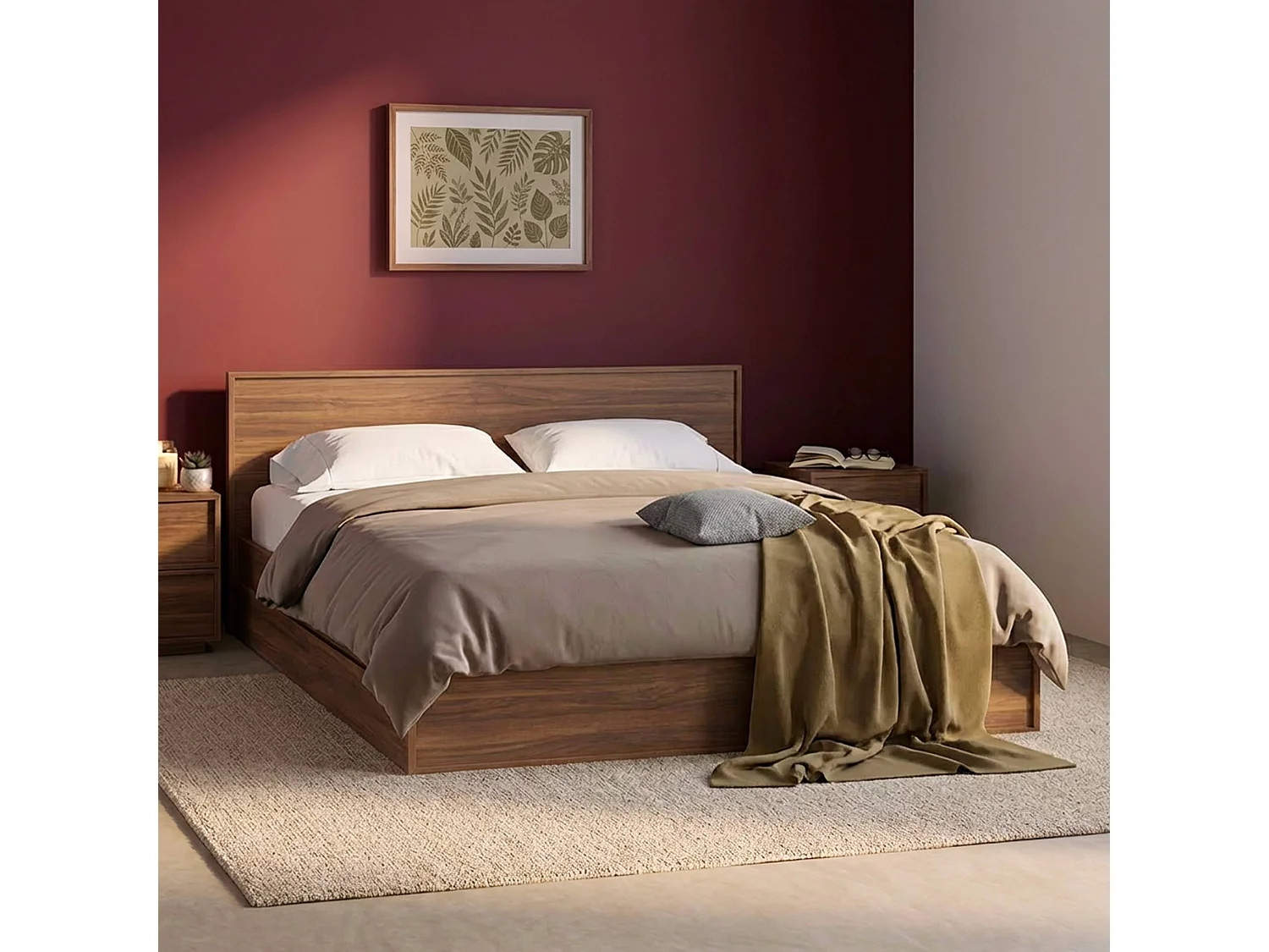 Letto con rete a doghe e testiera 160x200cm + 4 cassetti, noce