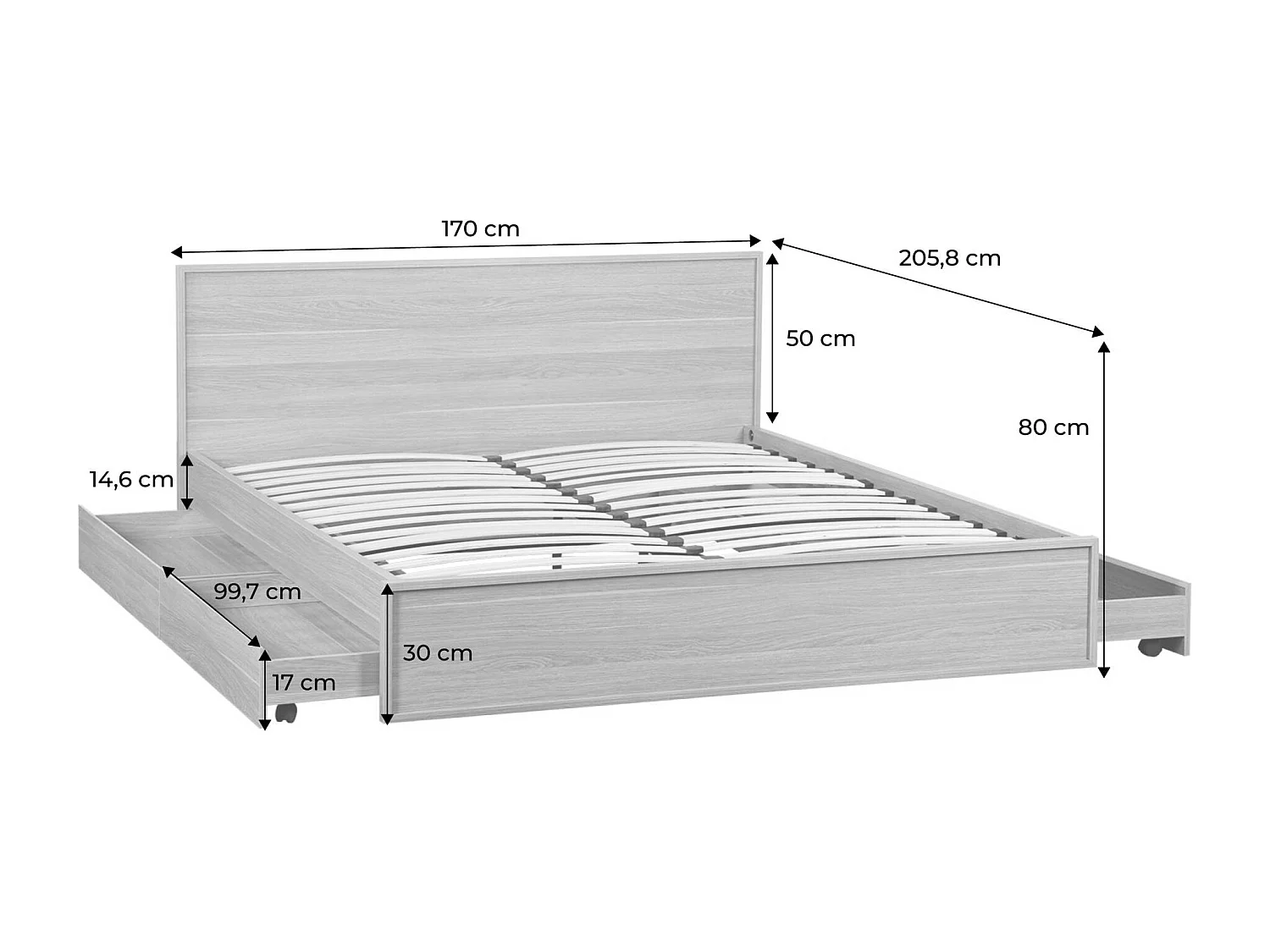 Letto con rete a doghe e testiera 160x200cm + 4 cassetti, noce