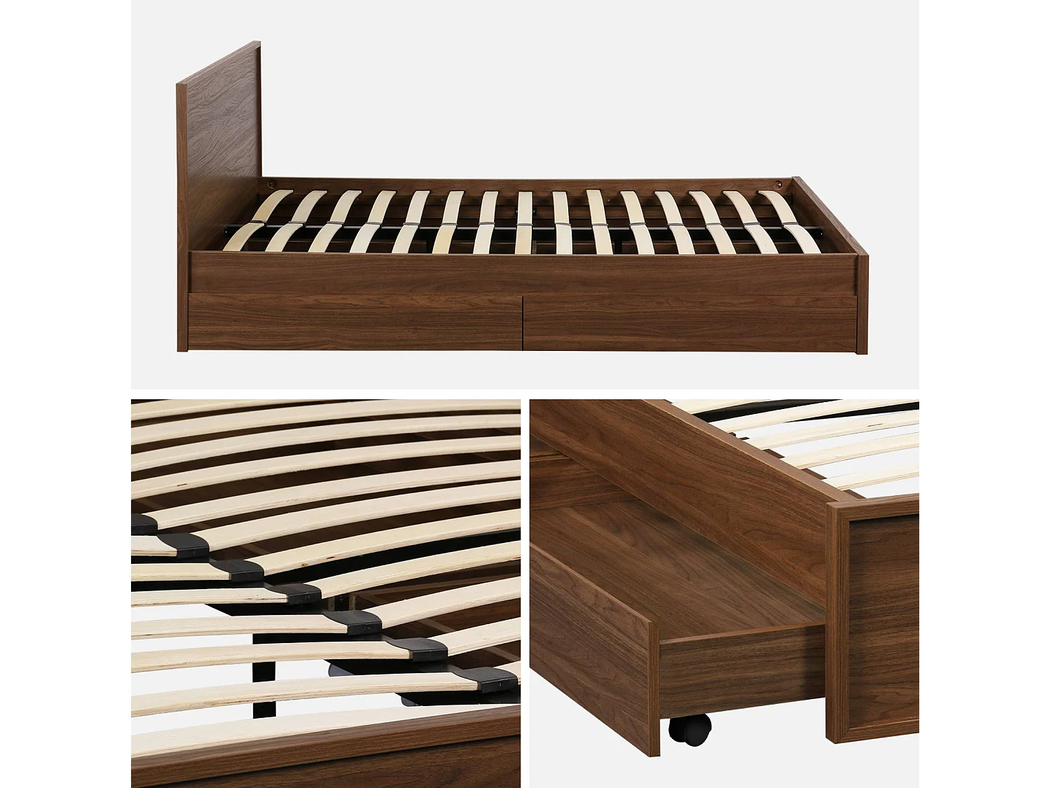 Letto con rete a doghe e testiera 160x200cm + 4 cassetti, noce