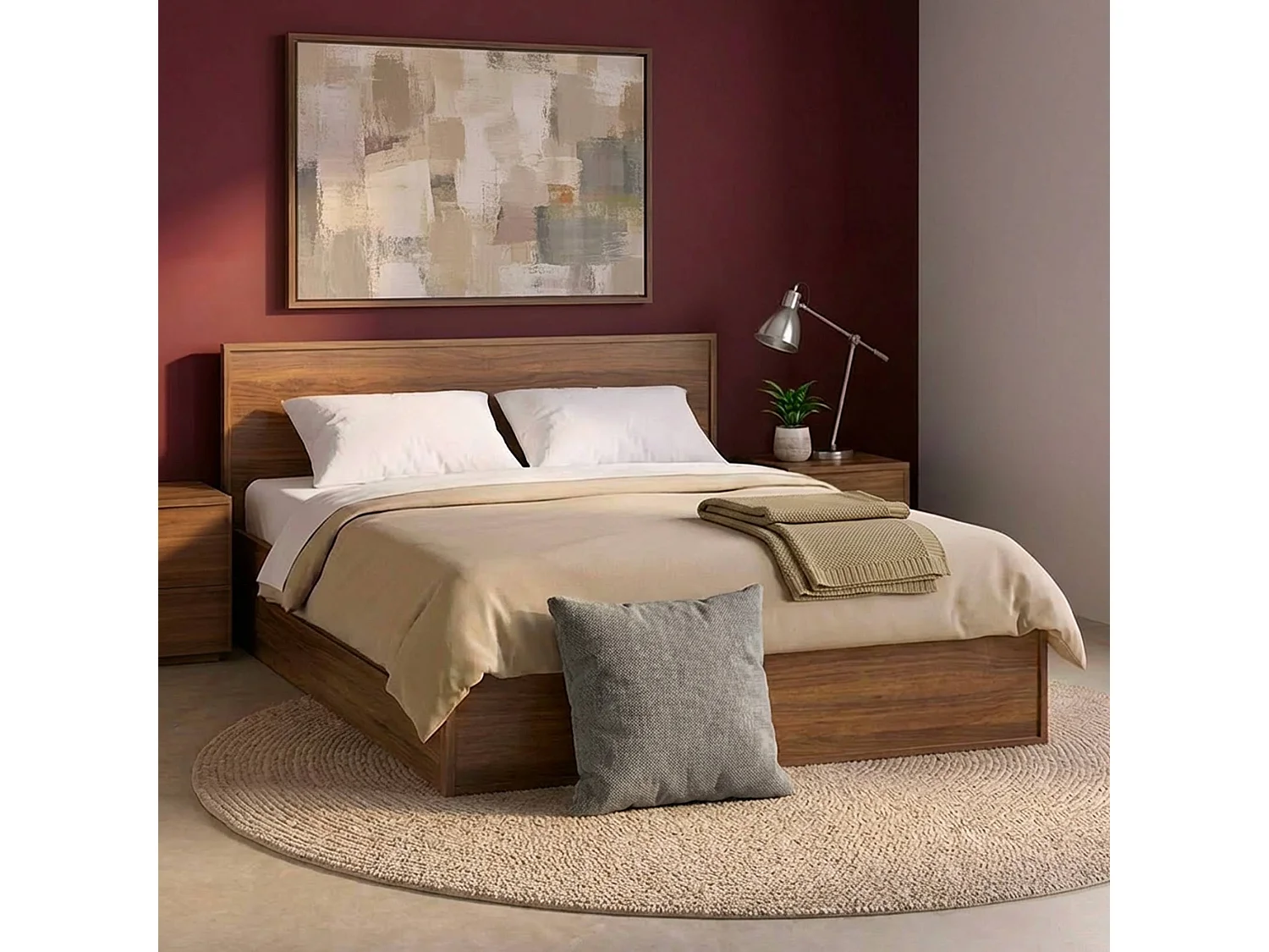 Lit avec sommier à lattes et tête de lit 140 x 190cm + 4 tiroirs décor bois noyer - Kuba