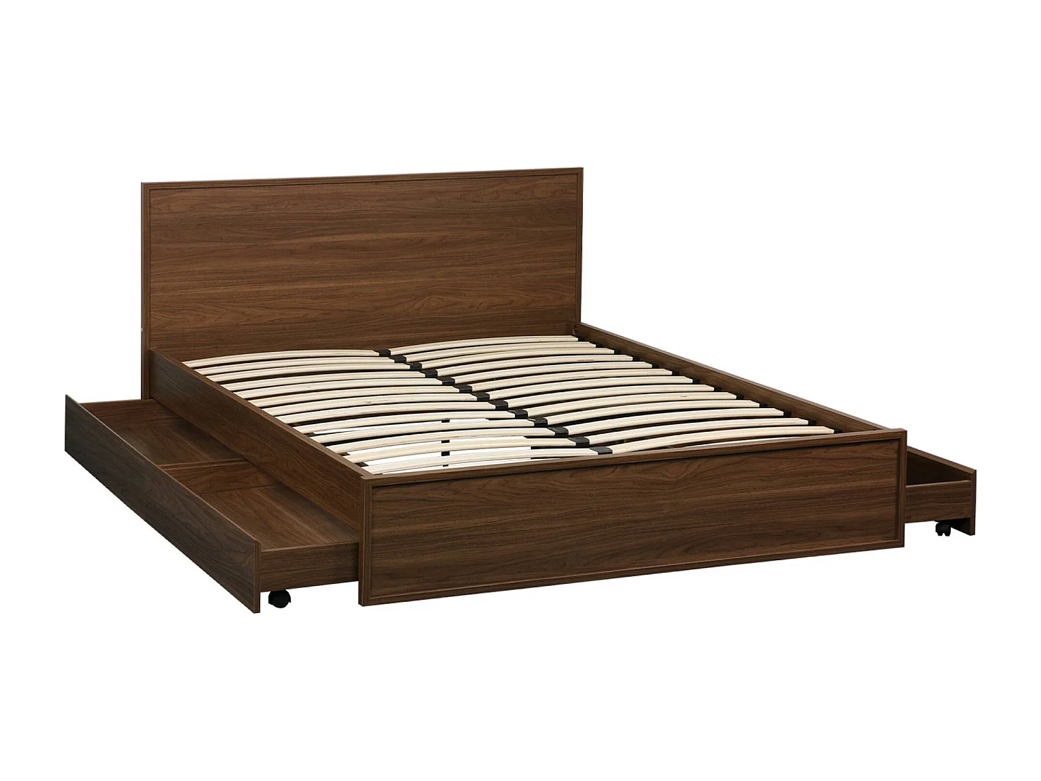 Lit avec sommier à lattes et tête de lit 140 x 190cm + 4 tiroirs décor bois noyer - Kuba