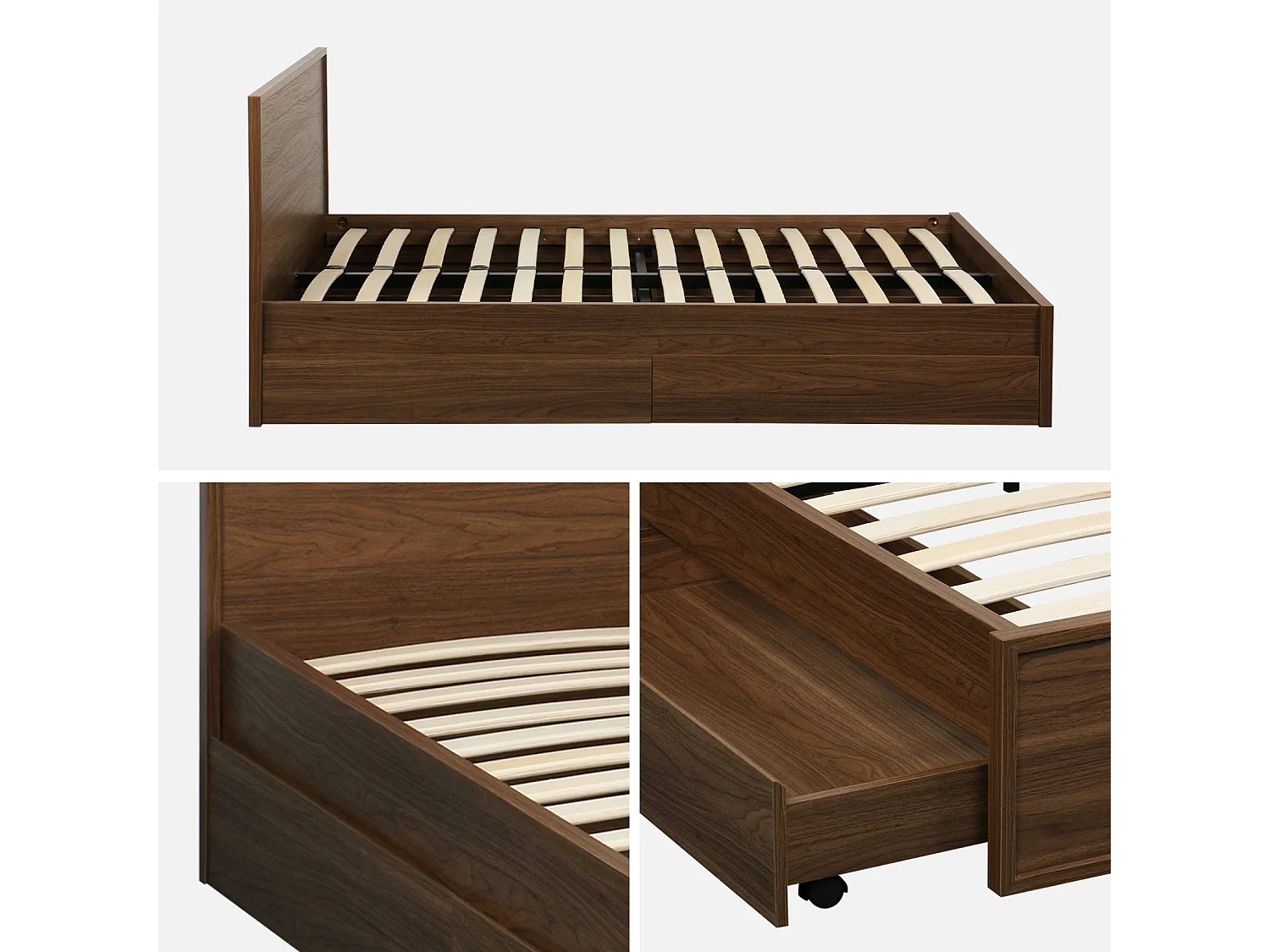 Lit avec sommier à lattes et tête de lit 140 x 190cm + 4 tiroirs décor bois noyer - Kuba