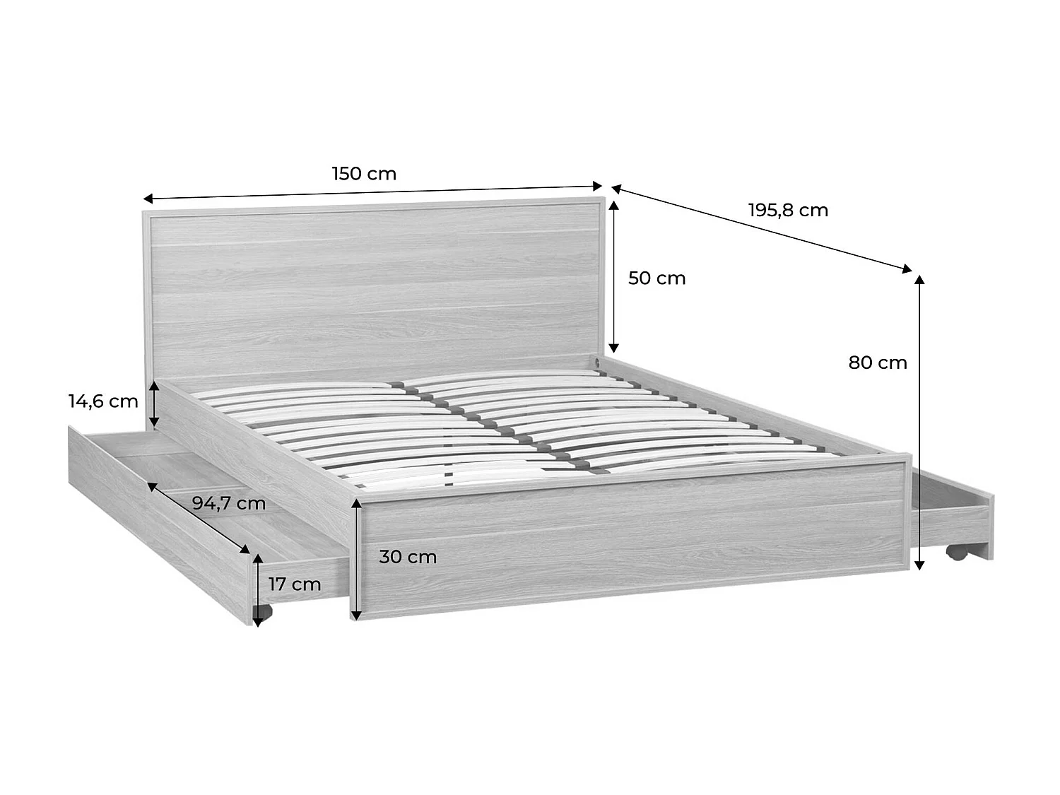 Letto con rete a doghe e testiera 140x190cm + 4 cassetti, noce