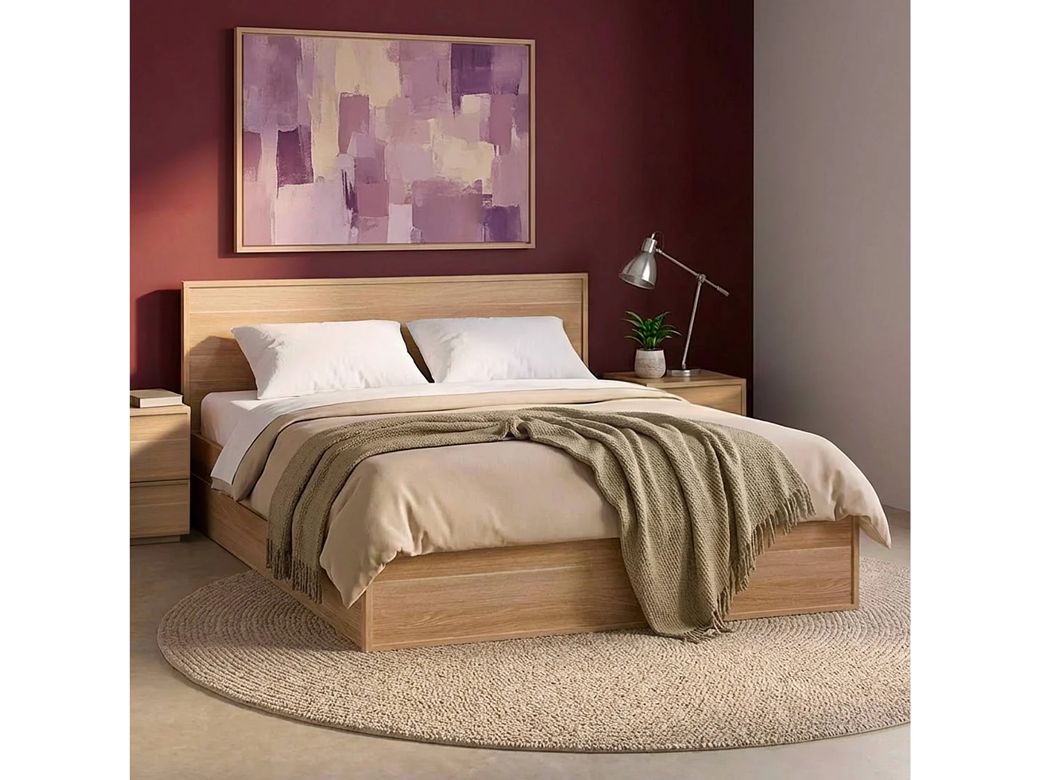 Lit avec sommier à lattes et tête de lit 140 x 190cm + 4 tiroirs décor bois naturel - Kuba