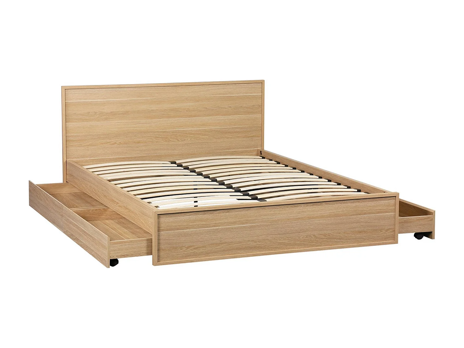 Lit avec sommier à lattes et tête de lit 140 x 190cm + 4 tiroirs décor bois naturel - Kuba