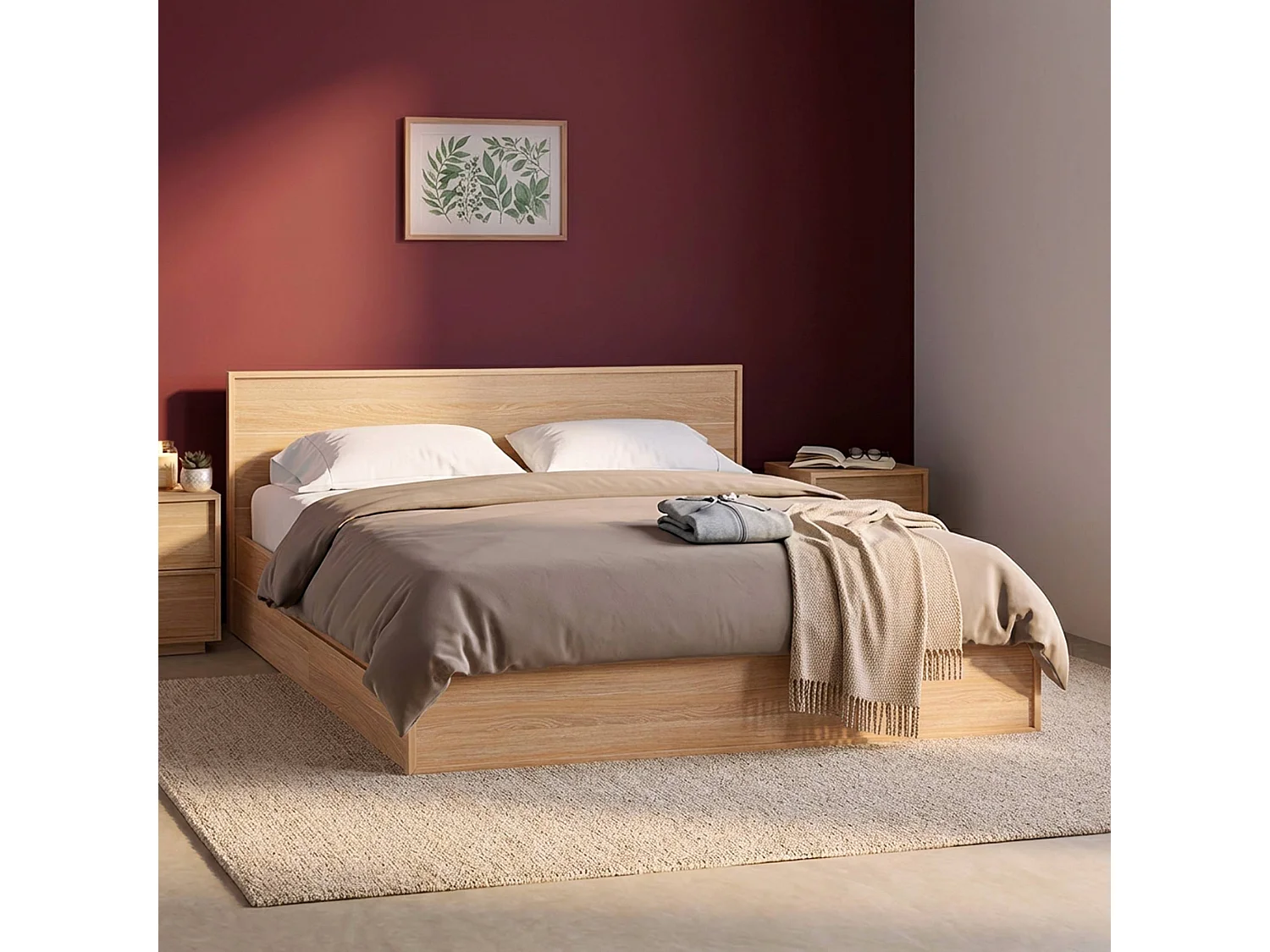 Lit avec sommier à lattes et tête de lit 160 x 200cm + 4 tiroirs décor bois naturel - Kuba