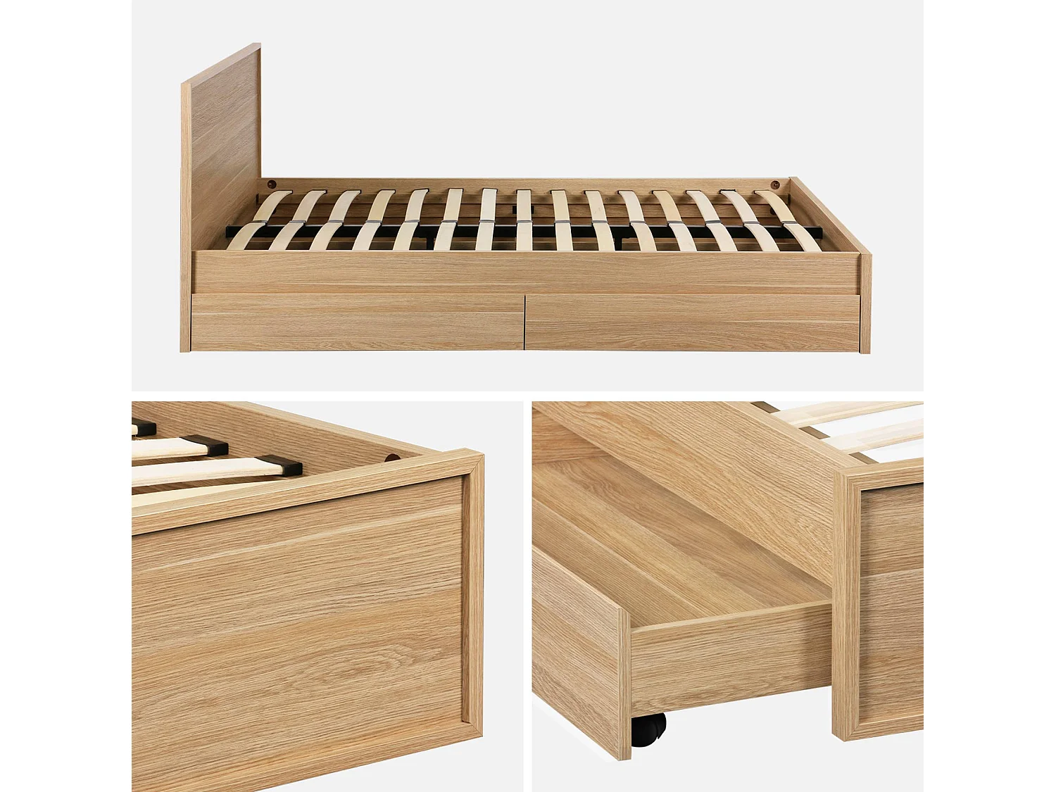 Lit avec sommier à lattes et tête de lit 160 x 200cm + 4 tiroirs décor bois naturel - Kuba