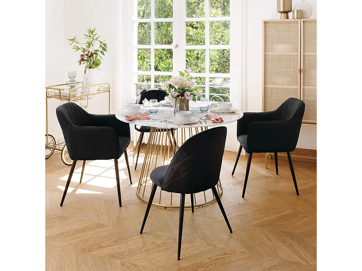 Lot de 2 chaises matelassées style fauteuil de salle à manger en velours noir avec des pieds en métal - Longueur 61,5 x Profondeur 57 x Hauteur 83 cm