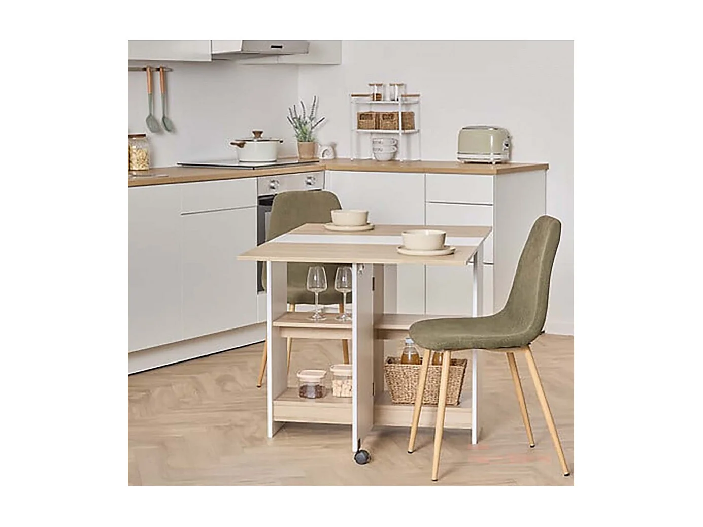 Table à manger pliante multifonctions avec roulettes et étagères de rangement, coloris chêne/blanc - Longueur 120,5 x Profondeur 80 x Hauteur 75 cm