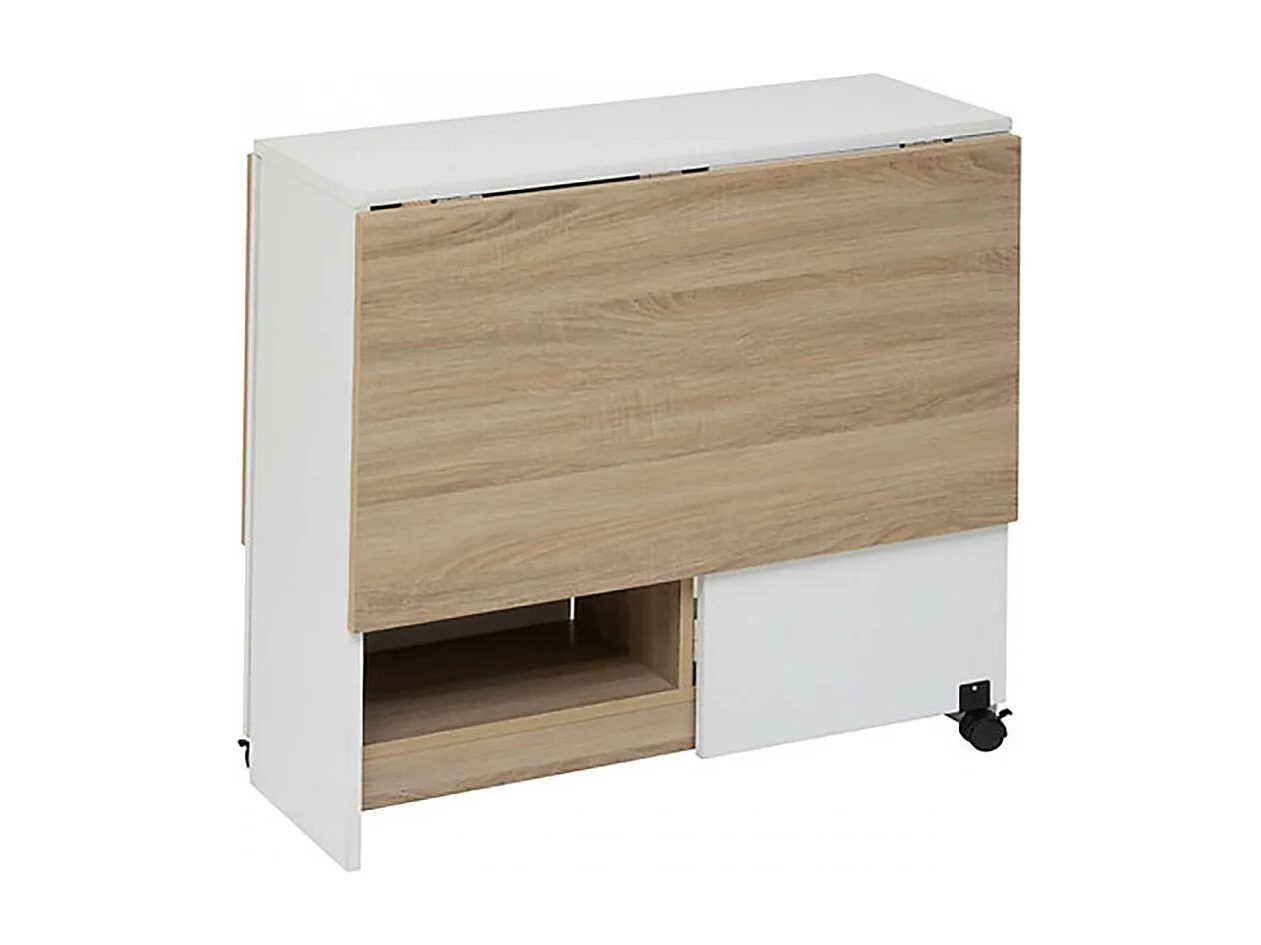 Table à manger pliante multifonctions avec roulettes et étagères de rangement, coloris chêne/blanc - Longueur 120,5 x Profondeur 80 x Hauteur 75 cm