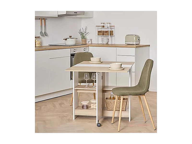 Table à manger pliante multifonctions avec roulettes et étagères de rangement, coloris chêne/blanc - Longueur 120,5 x Profondeur 80 x Hauteur 75 cm