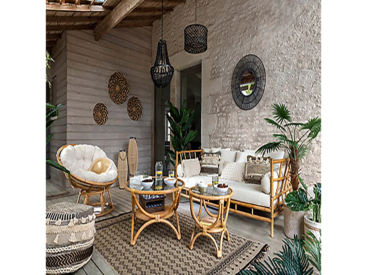 Fauteuil chaise en rotin coloris beige pour terrasse jardin et salon - Longueur 113 x largeur 109 x Hauteur 80 cm