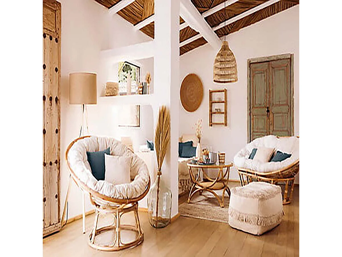 Fauteuil chaise en rotin coloris beige pour terrasse jardin et salon - Longueur 113 x largeur 109 x Hauteur 80 cm