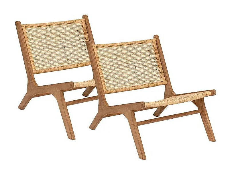 Lot de 2 Fauteuil chaise en teck et tressage en rotin - Longueur 65 x largeur 80 x Hauteur 71 cm