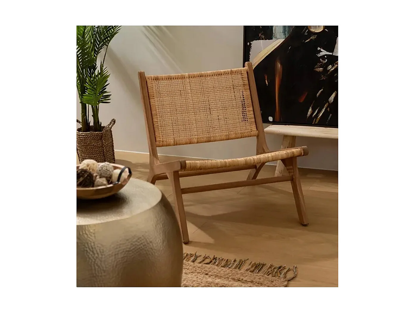 Lot de 2 Fauteuil chaise en teck et tressage en rotin - Longueur 65 x largeur 80 x Hauteur 71 cm