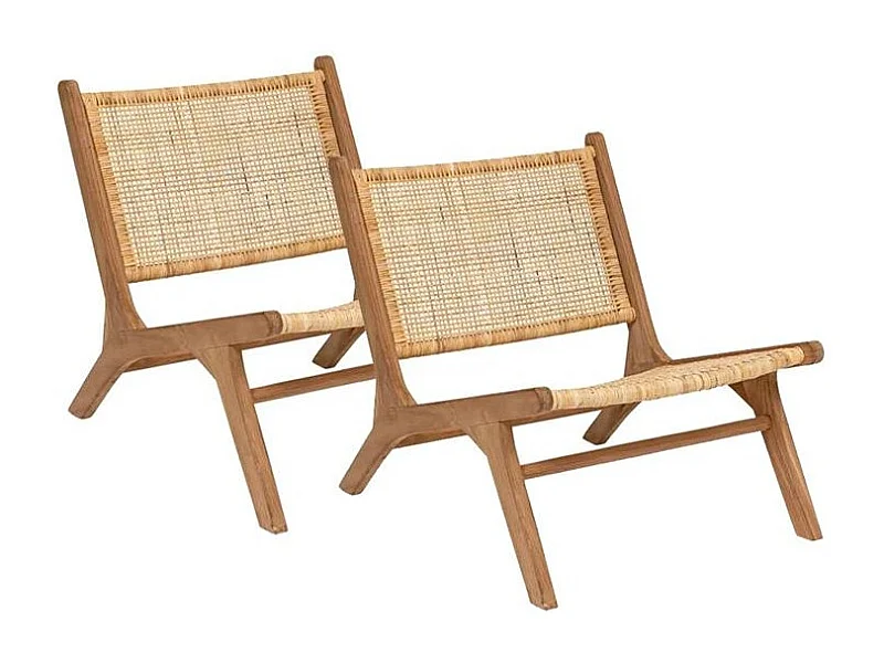 Lot de 2 Fauteuil chaise en teck et tressage en rotin - Longueur 65 x largeur 80 x Hauteur 71 cm
