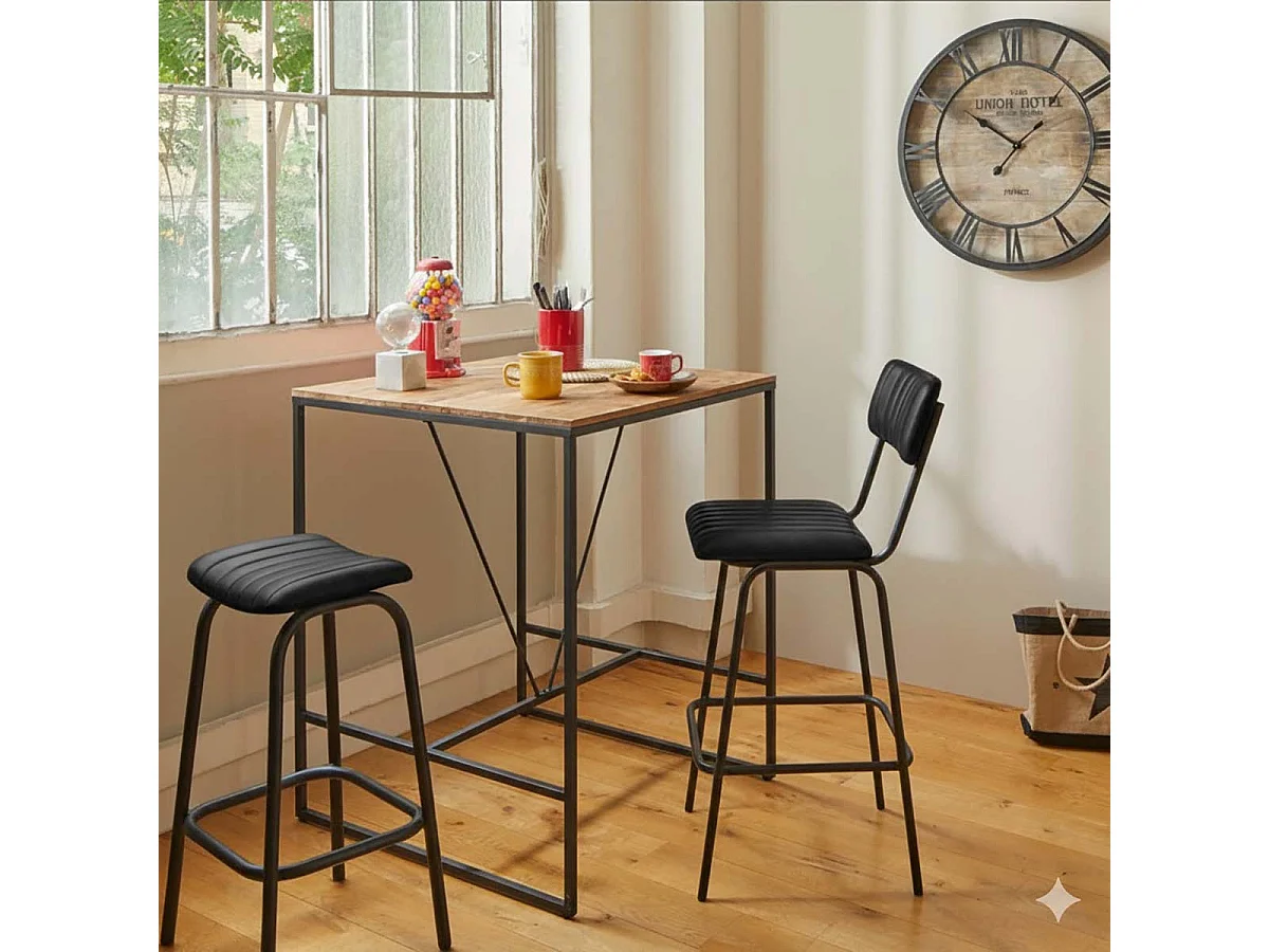 Lot de 2 chaises de bar en cuir de buffle avec pieds en métal, coloris noir - Longueur 45 x Profondeur 53 x Hauteur 103 cm