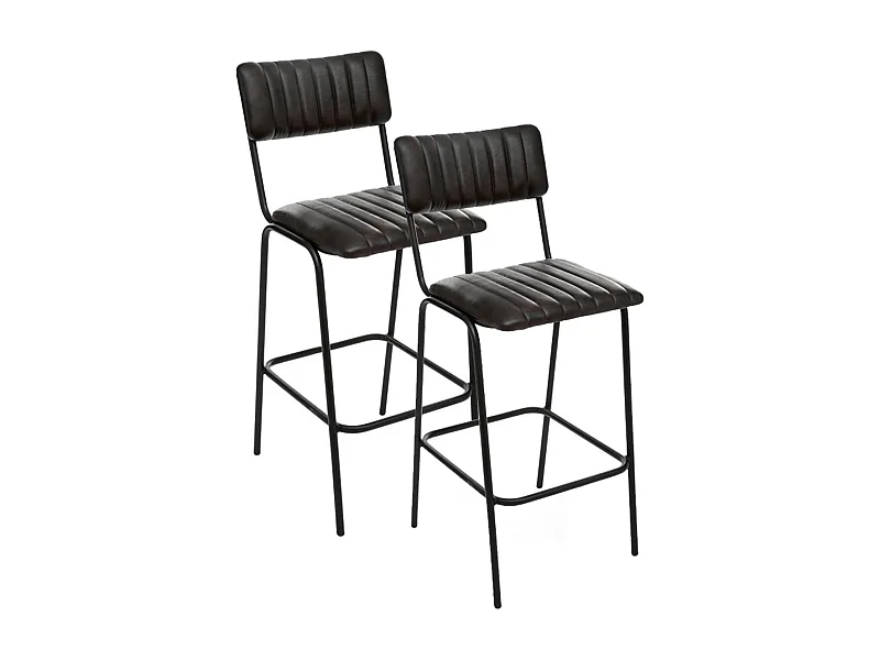 Lot de 2 chaises de bar en cuir de buffle avec pieds en métal, coloris noir - Longueur 45 x Profondeur 53 x Hauteur 103 cm