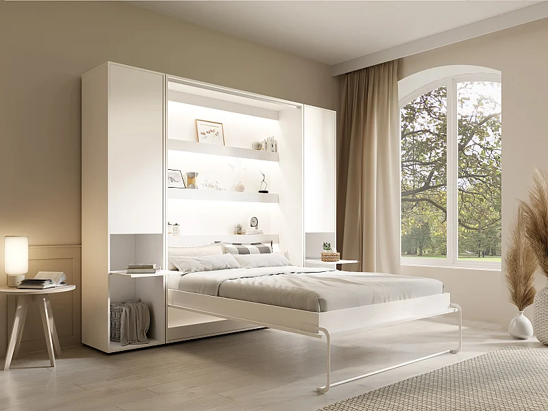 Lit escamotable vertical 140 x 200 cm - 2 colonnes de rangement - Avec LEDs - Blanc - RAPILI