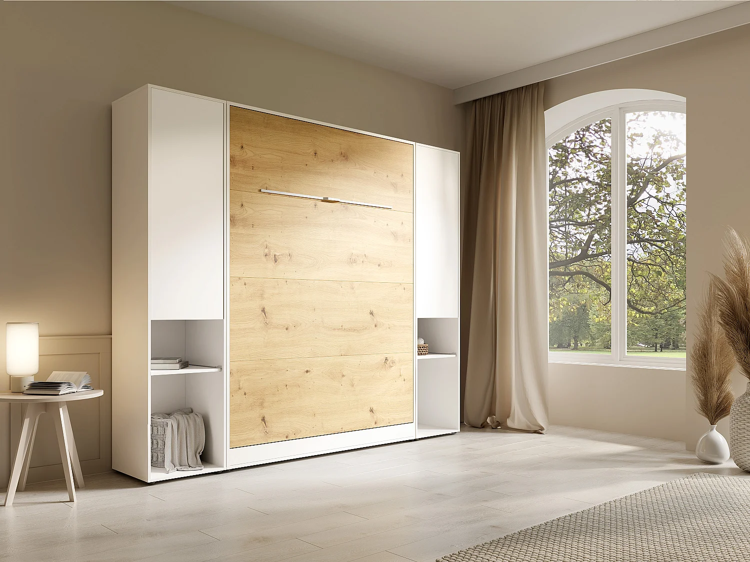 Lit escamotable vertical 140 x 200 cm - 2 colonnes de rangement - Avec LEDs - Blanc et naturel - RAPILI