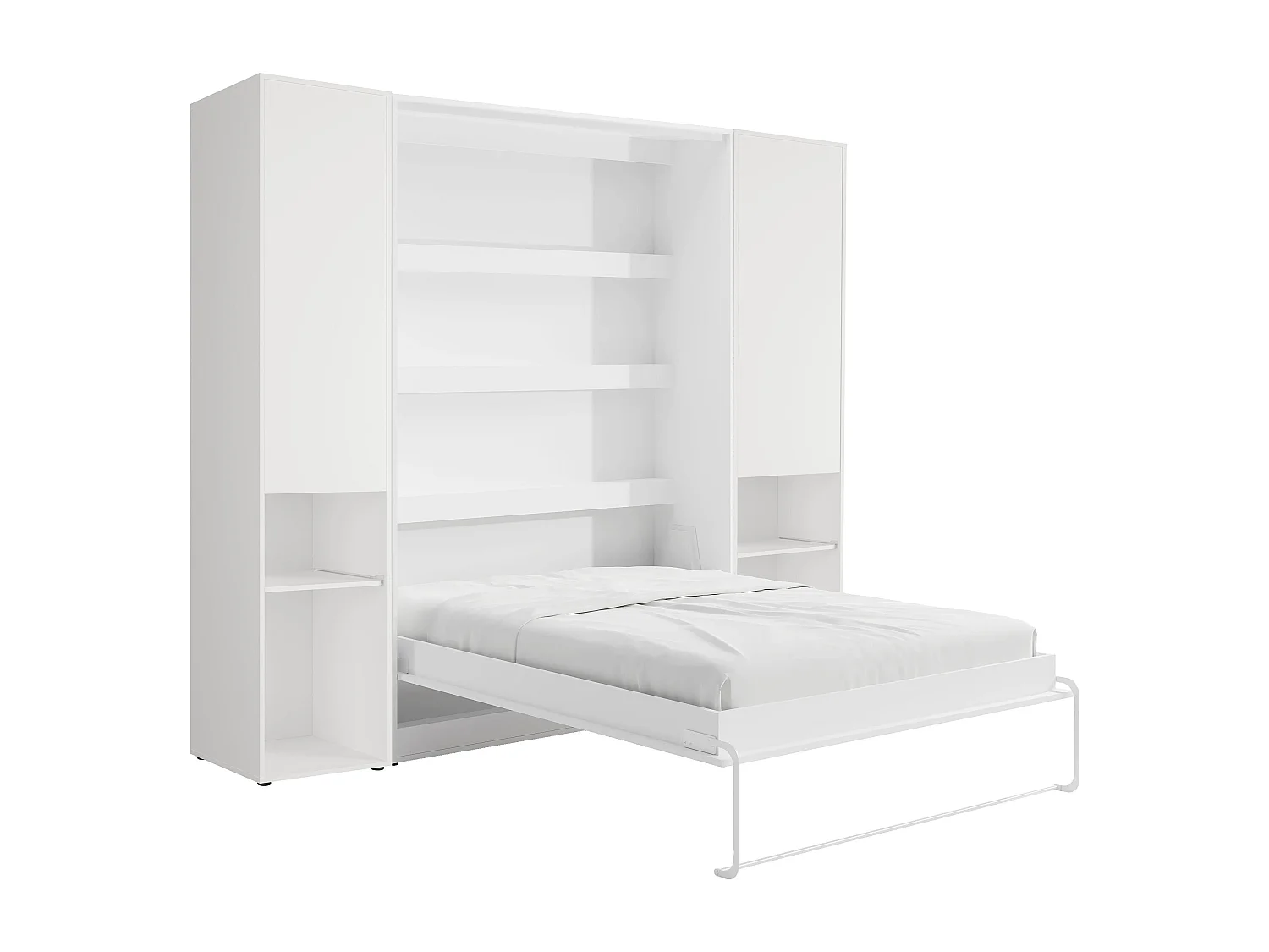 Lit escamotable vertical 140 x 200 cm - 2 colonnes de rangement - Avec LEDs - Blanc + Matelas - RAPILI