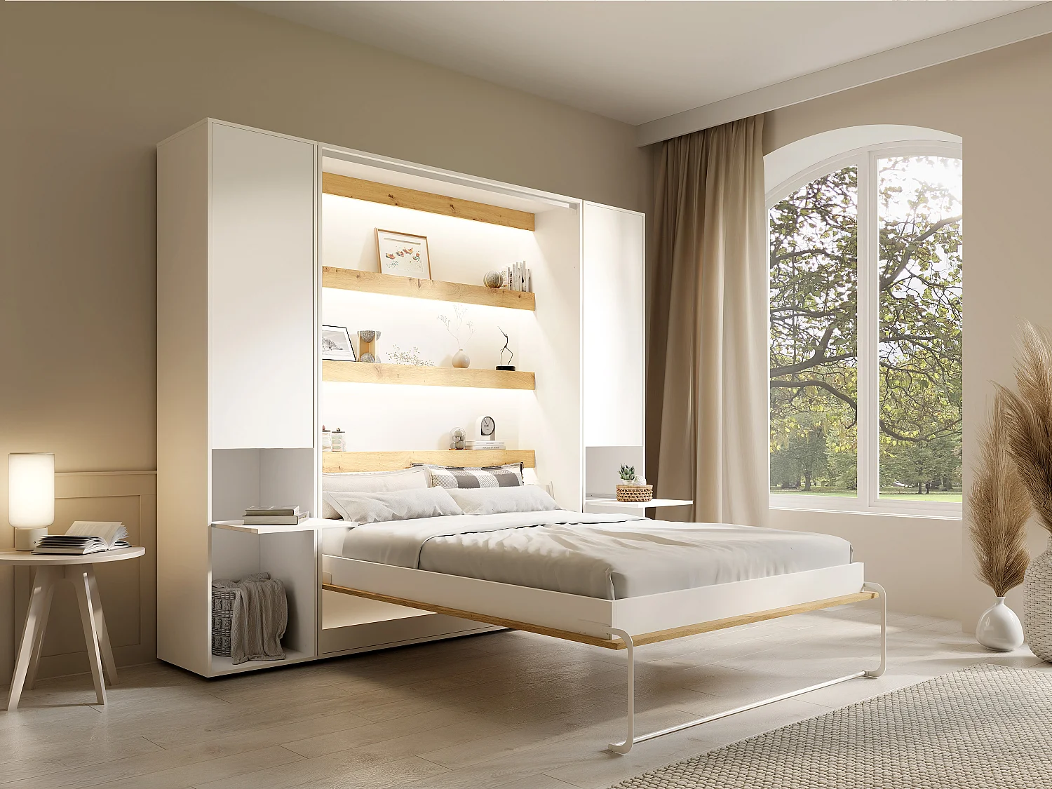 Lit escamotable vertical 140 x 200 cm - 2 colonnes de rangement - Avec LEDs - Blanc et naturel + Matelas - RAPILI